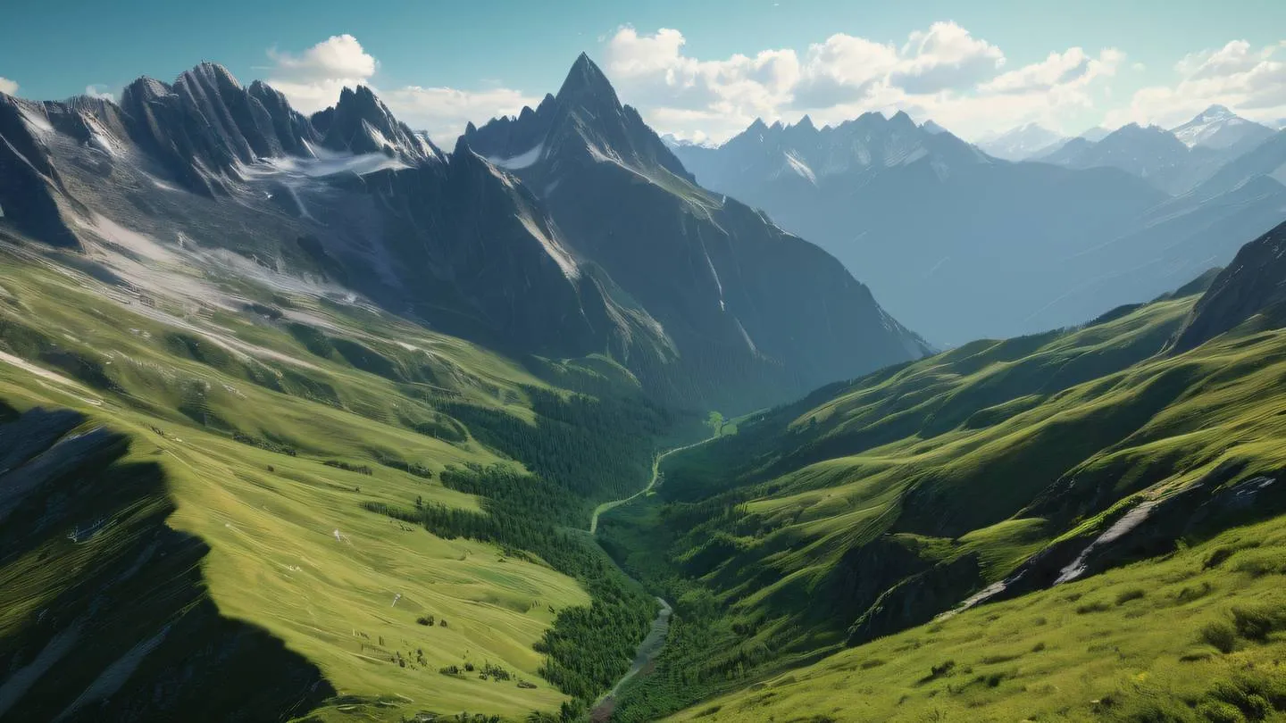 Elegant mountain peaks with emerald green valleys below gentle sunlight creating amber highlights on the peaks peaceful nature scene high-quality ultra-realistic cinematic 8K UHD high resolution sharp and detail