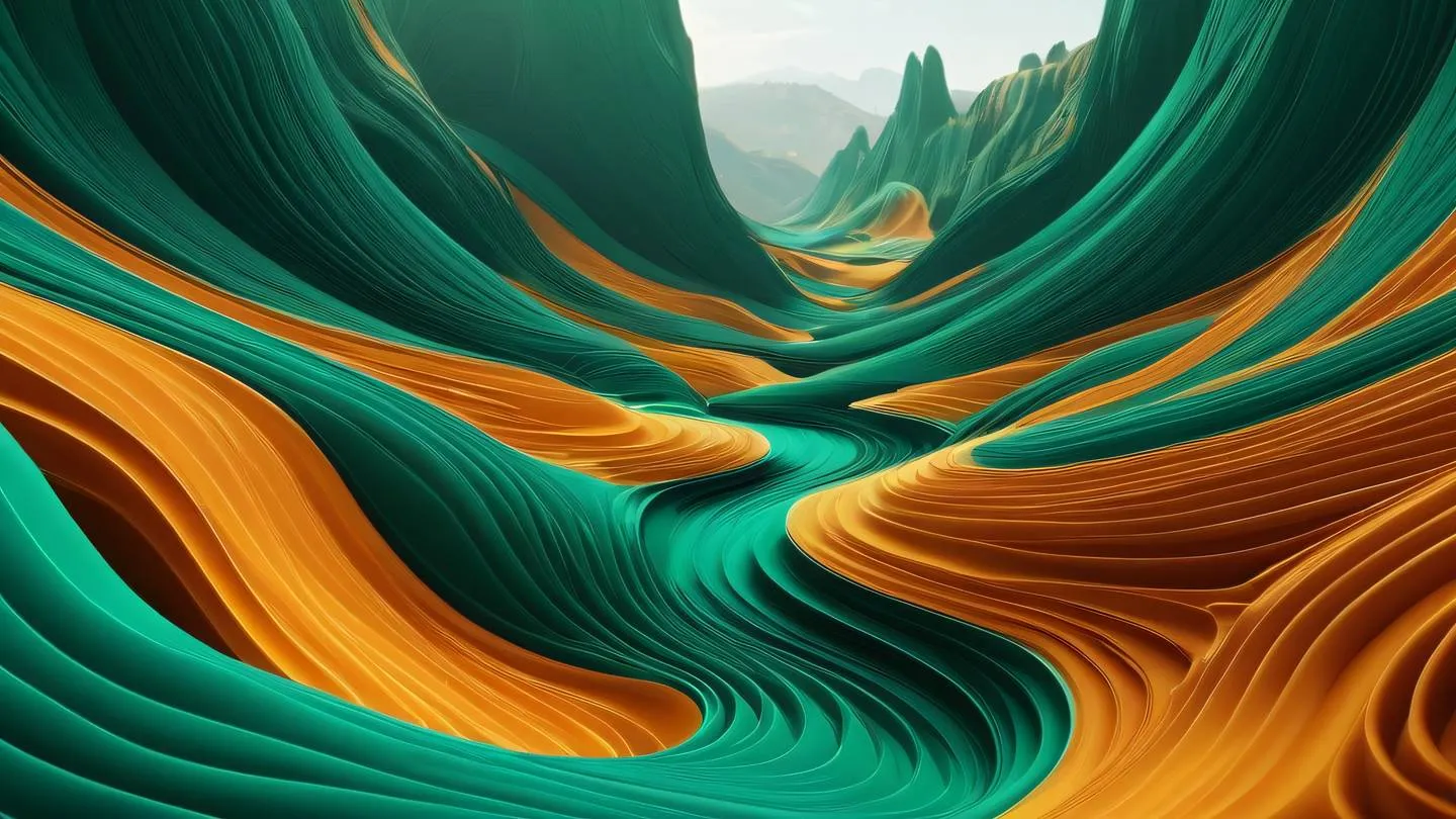 Abstract landscape with flowing lines in bright emerald and amber colors representing harmony and balance in design modern architectural elements blending with organic shapes high-quality ultra-realistic cinematic 8K UHD high resolution sharp and detail