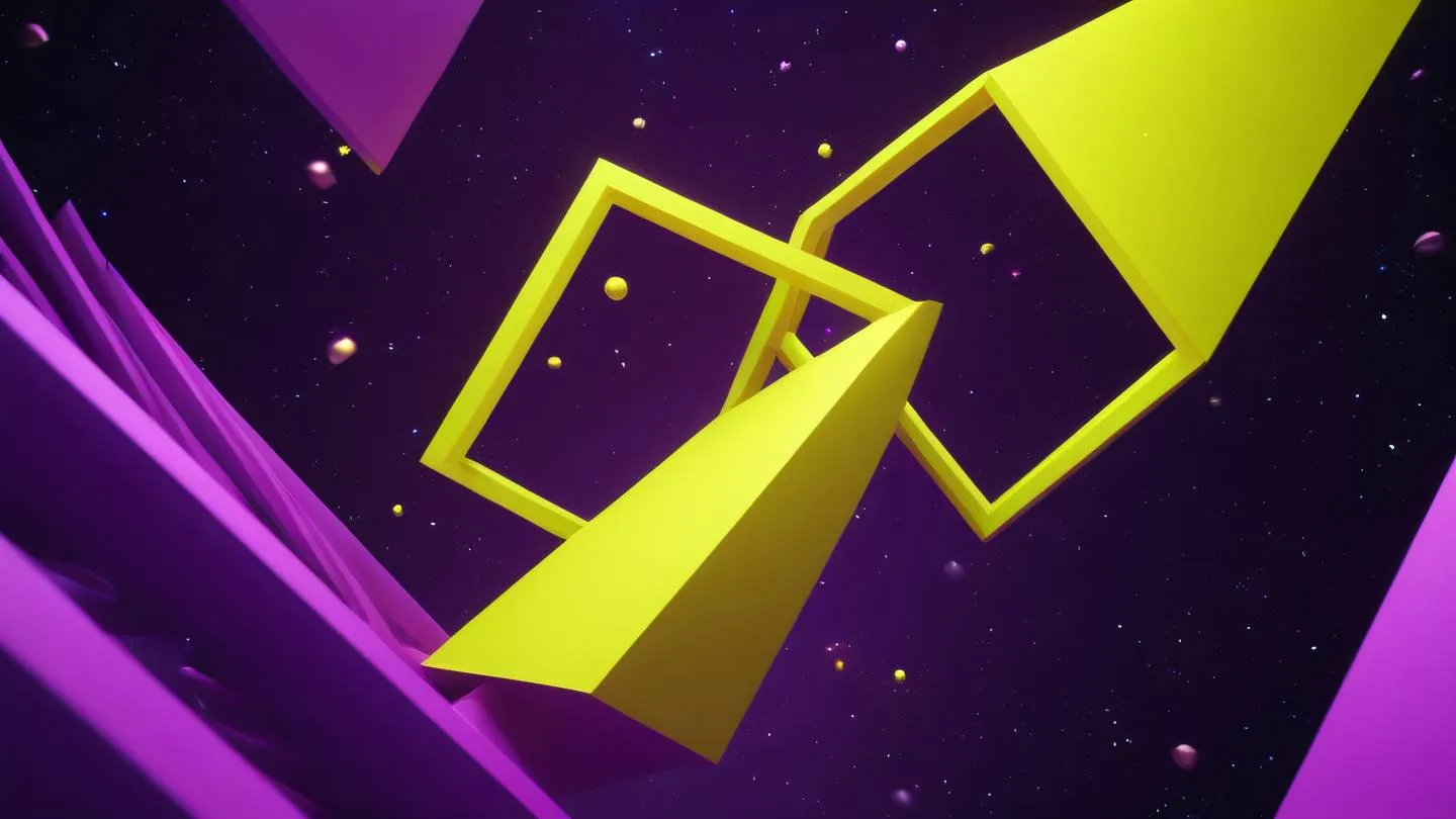 Abstract modern geometric shapes floating in space bright neon yellow and violet colors swirling together ultra-realistic cinematic 8K UHD high resolution sharp and detailed