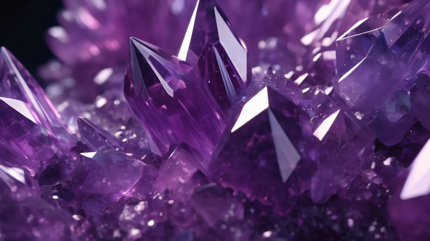 Geometric crystal formations in bright gem tones and violet hues glowing from within abstract mineralogy high-quality ultra-realistic cinematic 8K UHD sharp and detailed