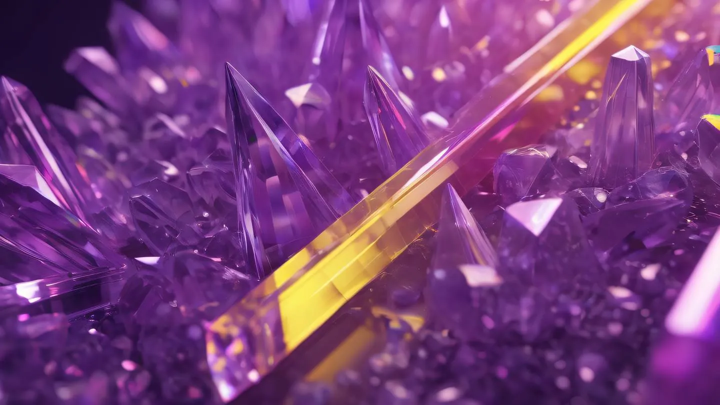 Crystal prisms reflecting rainbow light patterns focusing on bright violet and yellow spectrums abstract composition high-quality ultra-realistic cinematic 8K UHD sharp and detailed