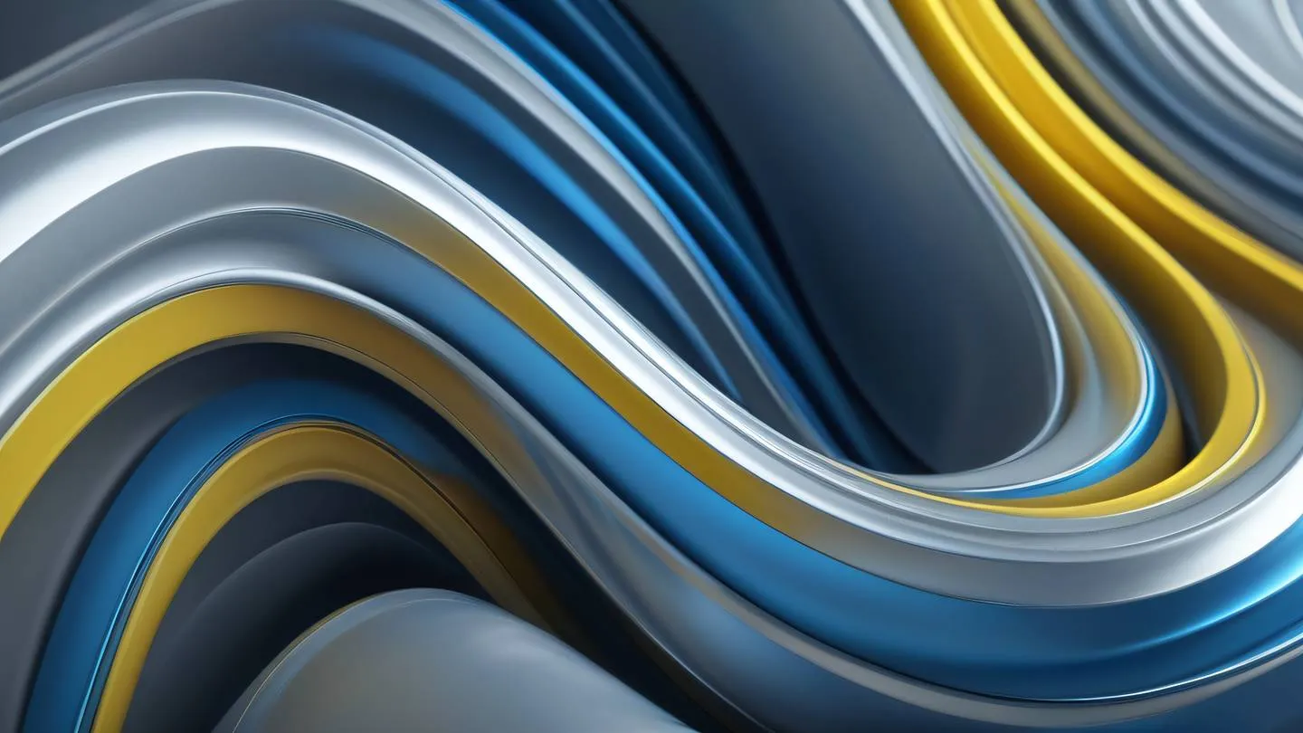 Abstract modern geometric composition with flowing curves and shapes in metallic silver iridescent blue and bright yellow representing harmony and structure - ultra-realistic cinematic 8K UHD high resolution sharp and detail