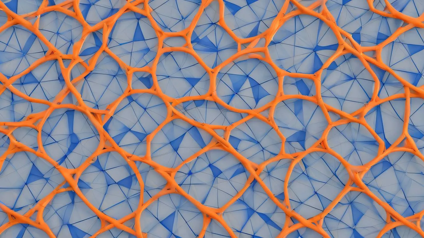 Geometric pattern of interconnected circles and triangles in bright orange and cobalt blue against a light background symbolizing connectivity and inclusion - high-quality ultra-realistic cinematic 8K UHD high resolution sharp and detail