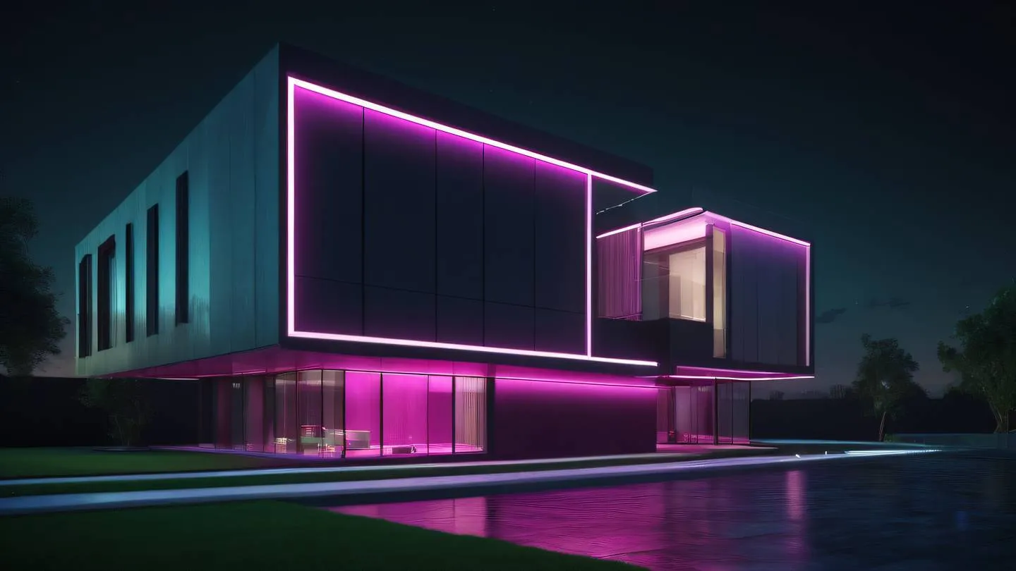 Modern Architecture with geometric shapes and clean lines featuring bright fuchsia and emerald accent lighting against a dark background high-quality ultra-realistic cinematic 8K UHD high resolution sharp and detail