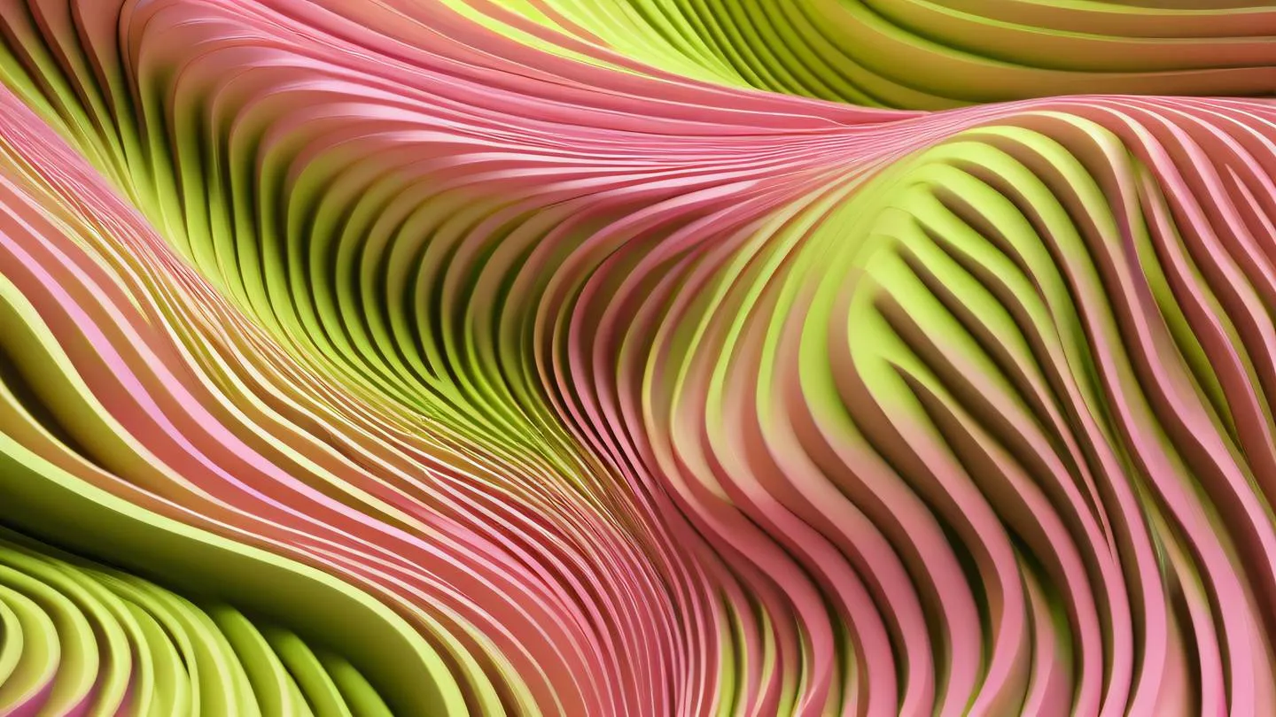 Abstract geometric pattern with flowing lines in bright lime and pink colors featuring organic shapes reminiscent of garden elements high-quality ultra-realistic cinematic 8K UHD high resolution sharp and detail