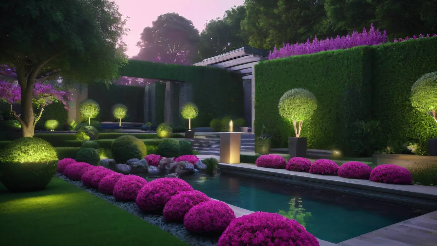 Serene garden landscape with geometric topiaries and water features illuminated by bright emerald and fuchsia lighting high-quality ultra-realistic cinematic 8K UHD high resolution sharp and detail