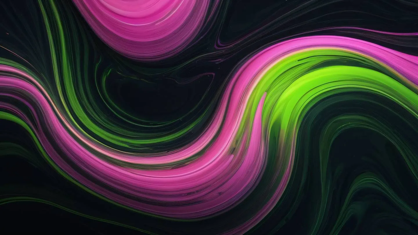 Abstract fluid art composition with swirling patterns in bright lime and pink colors against a dark background resembling flowing water or ocean waves high-quality ultra-realistic cinematic 8K UHD high resolution sharp and detail