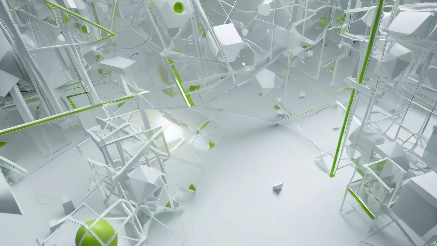 Abstract 3D rendering of interconnected geometric shapes floating in space bright white and zinc colors with lime accents suggesting innovation and technology high-quality ultra-realistic cinematic 8K UHD high resolution sharp and detail