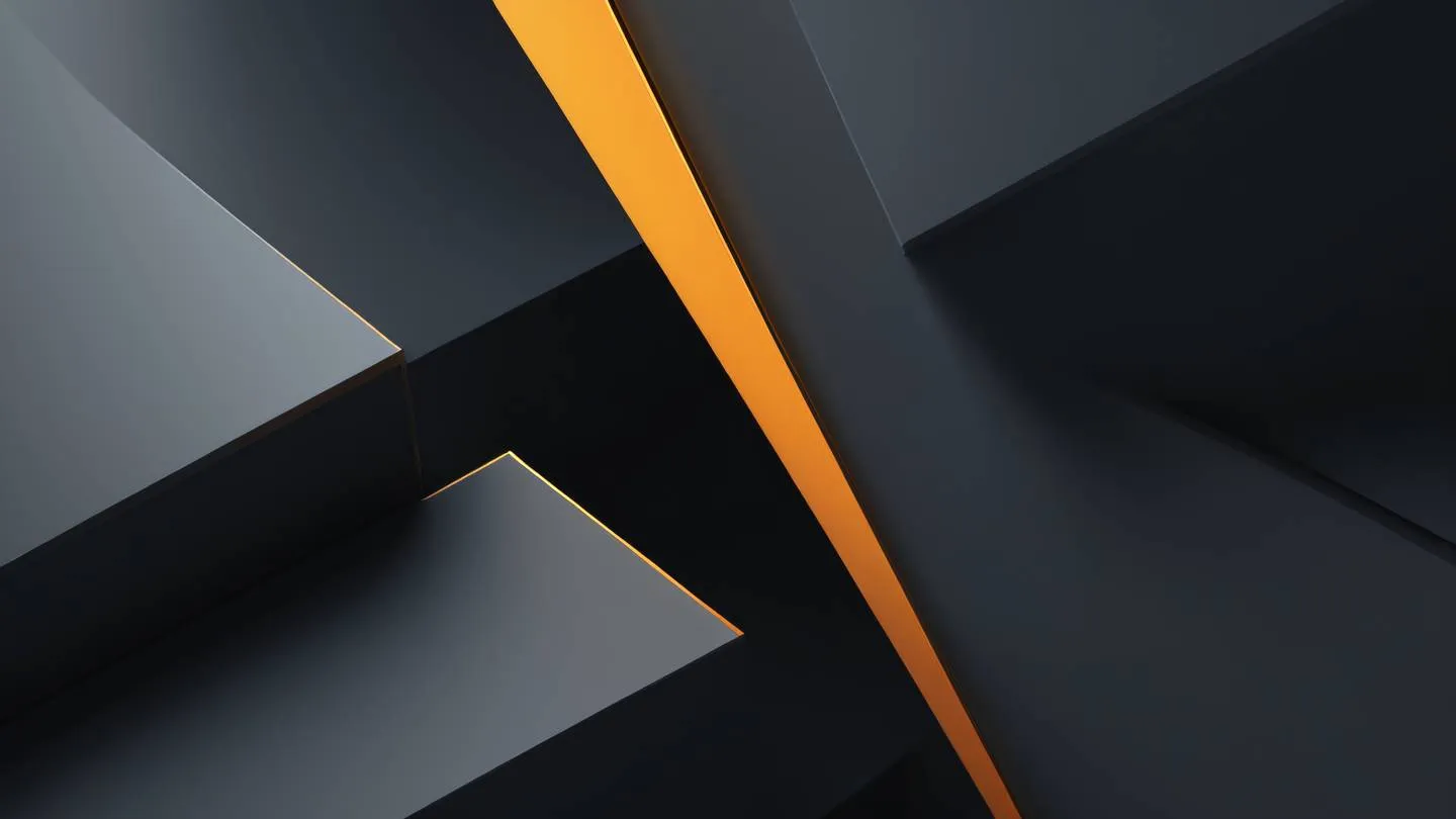 A minimalist abstract composition featuring intersecting geometric shapes and flowing gradients with a dramatic transition from amber to deep gray emphasizing the duality of light and dark high-quality ultra-realistic cinematic 8K UHD high resolution sharp and detail