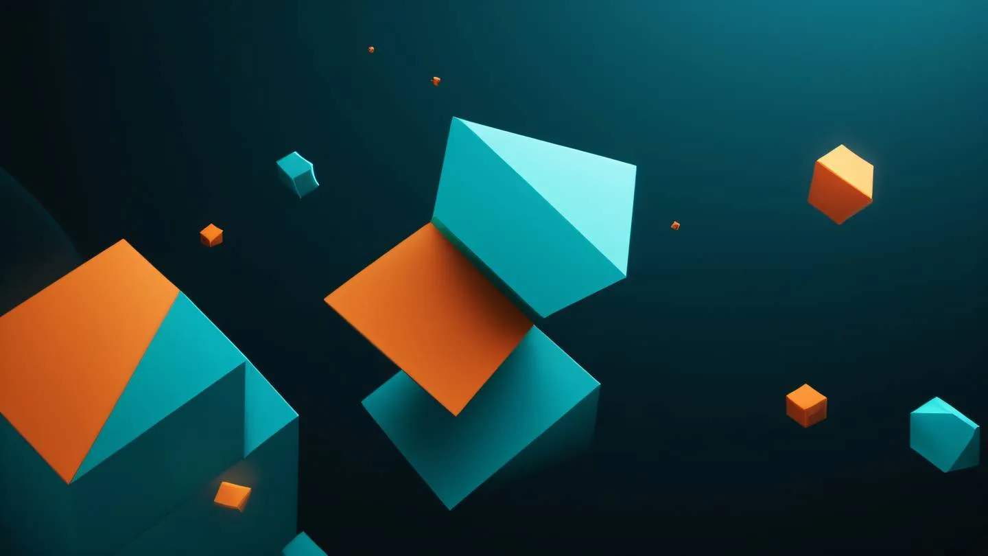 Abstract minimal geometric shapes with bright teal and orange gradient colors floating in space representing optimization and efficiency high-quality ultra-realistic cinematic 8K UHD high resolution sharp and detail