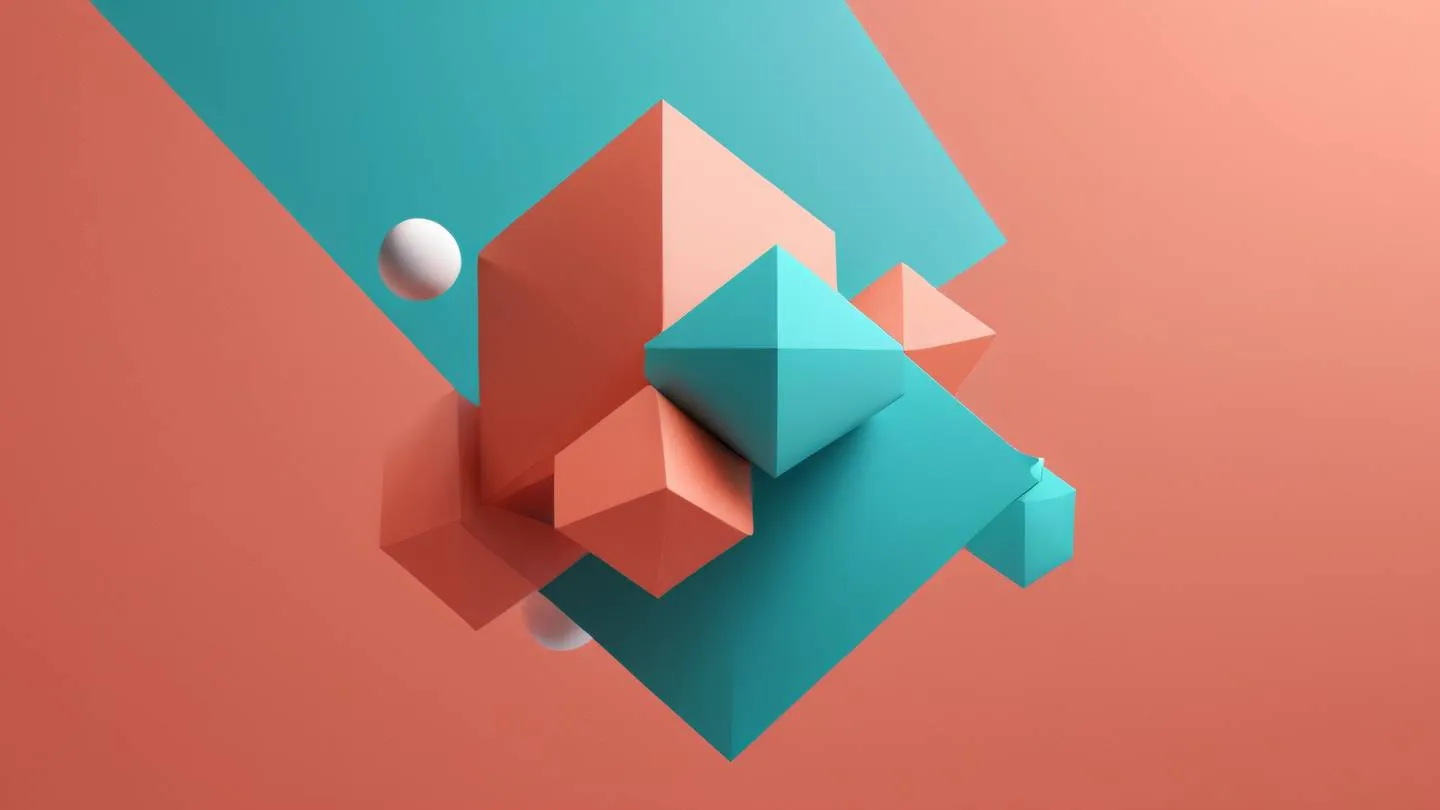 Abstract minimal composition with floating geometric shapes in vibrant coral and turquoise colors suggesting technical optimization and efficiency high-quality ultra-realistic cinematic 8K UHD high resolution sharp and detail