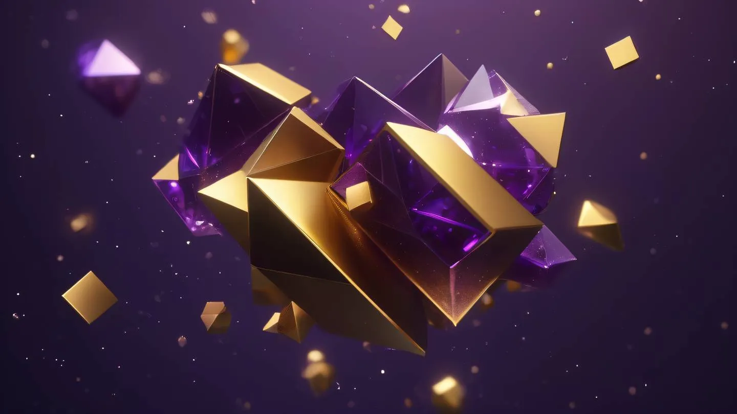 Abstract geometric shapes floating in space with rich gold and violet gradients crystalline structures with sharp edges reflecting light ultra-realistic cinematic 8K UHD high resolution sharp and detail