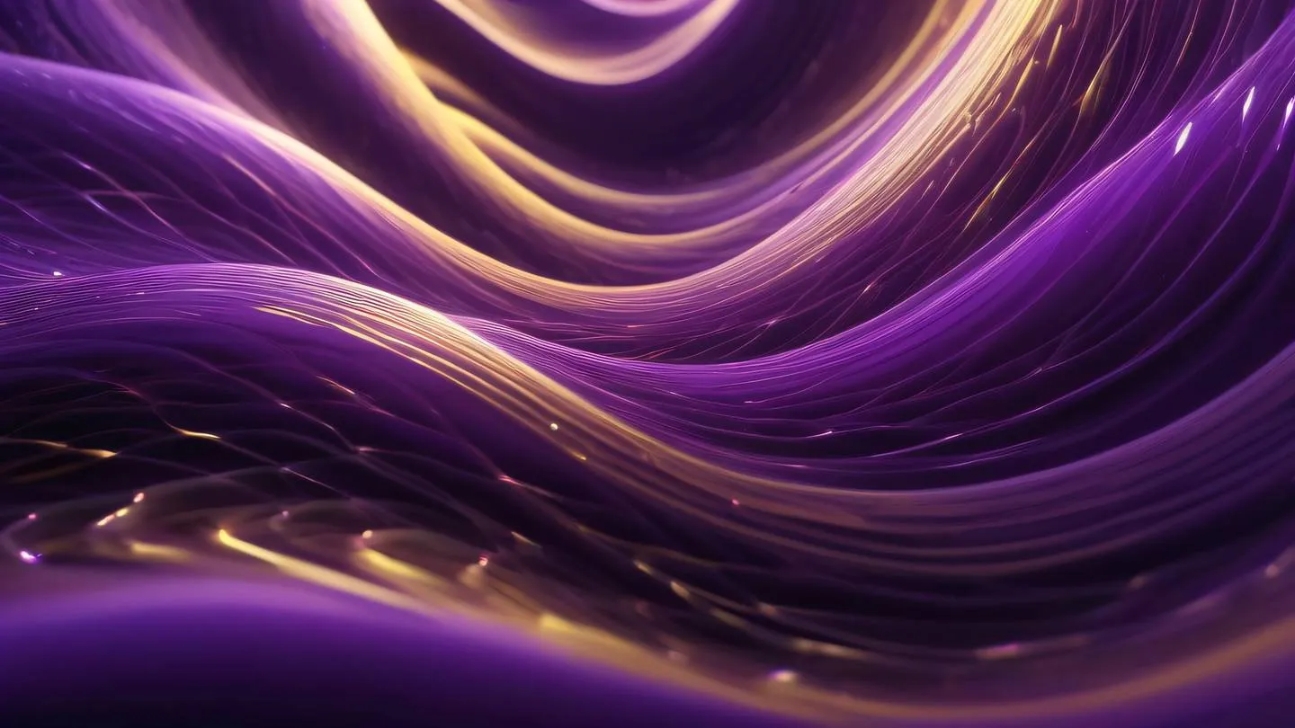 Flowing abstract waves of purple and shimmering gold intertwining in spiral patterns resembling northern lights ethereal atmosphere high-quality ultra-realistic cinematic 8K UHD high resolution sharp and detail