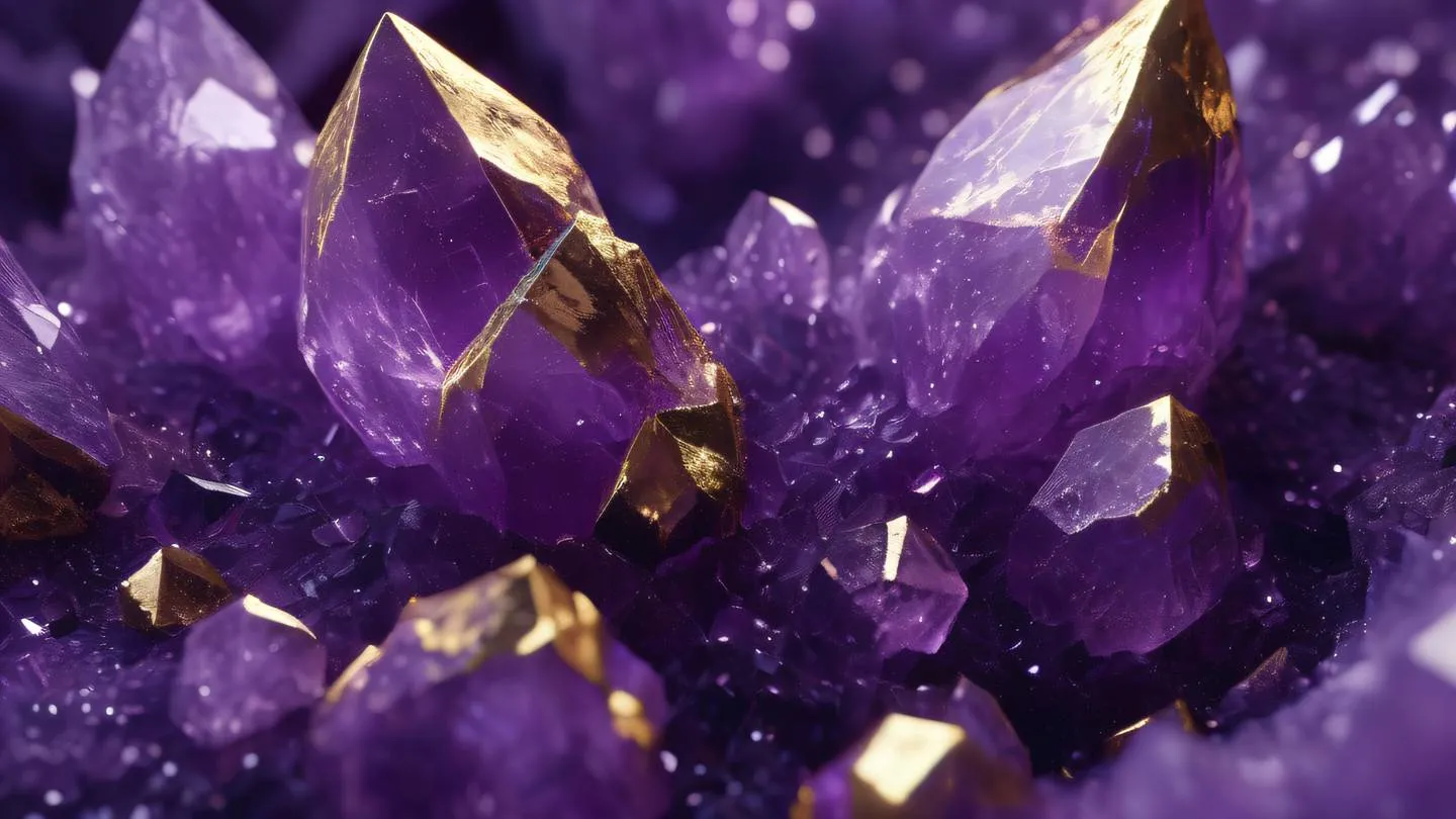 crystalline formations with bright violet and purple hues geometric patterns with gold accents abstract mineral structures high-quality ultra-realistic cinematic 8K UHD high resolution sharp and detail