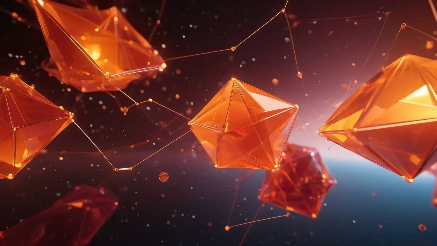 Geometric abstract shapes floating in space with interconnected nodes and flowing lines featuring bright orange and warm red gradients crystal-like structures with translucent surfaces - high-quality ultra-realistic cinematic 8K UHD high resolution sharp and detail