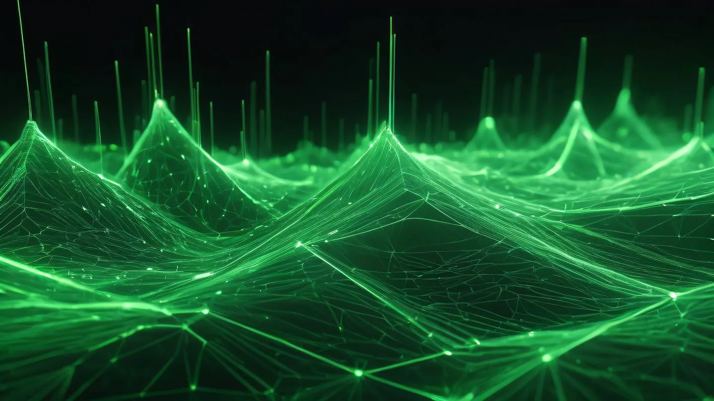 Abstract flowing data streams represented by crystalline structures with bright green energy pulses moving through transparent geometric paths - high-quality ultra-realistic cinematic 8K UHD high resolution sharp and detail