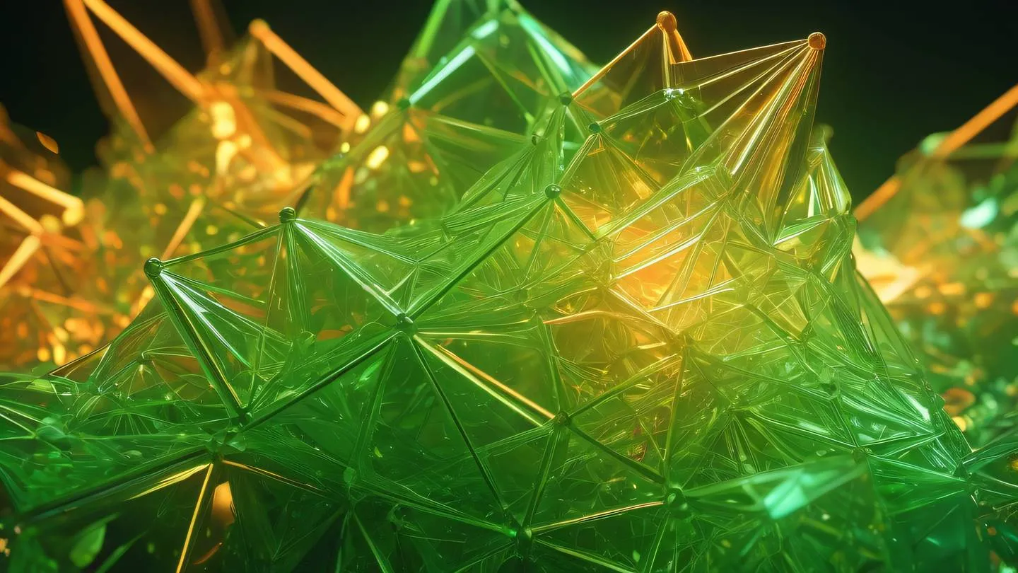 Abstract crystalline structure with interconnected nodes pulsing with bright green and warm orange light featuring geometric patterns and translucent layers - high-quality ultra-realistic cinematic 8K UHD high resolution sharp and detail