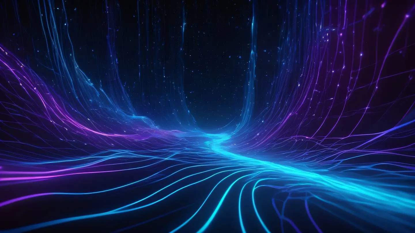 Abstract futuristic network of glowing neon blue and purple data streams flowing through a dark void representing data flow and state management ultra-realistic cinematic 8K UHD high resolution sharp and detail