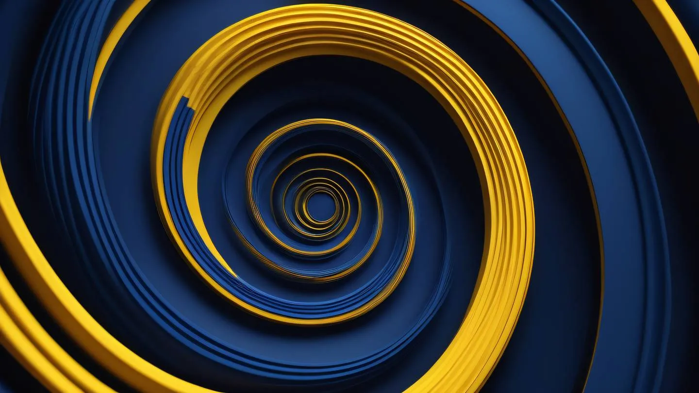 Geometric abstract composition with flowing yellow and indigo curves intersecting in a spiral pattern against a dark background representing data flow patterns high-quality ultra-realistic cinematic 8K UHD high resolution sharp and detail