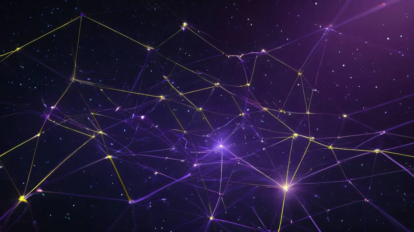 Complex network of dusty lavender and neon yellow nodes connected by glowing lines floating in space with distant stars representing interconnected data systems high-quality ultra-realistic cinematic 8K UHD high resolution sharp and detail