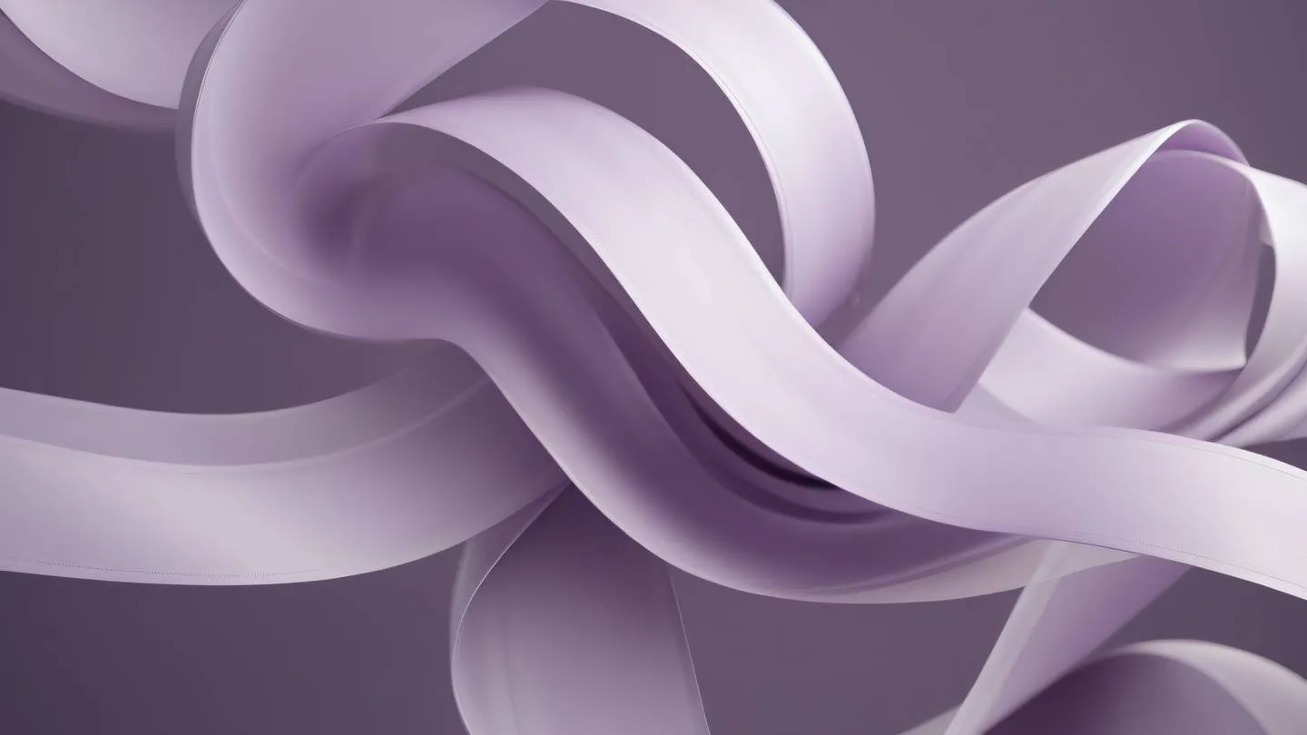 Flowing abstract ribbons intertwining in space dusty lavender and white colors creating smooth curves and spirals minimal composition high-quality ultra-realistic cinematic 8K UHD high resolution sharp and detail