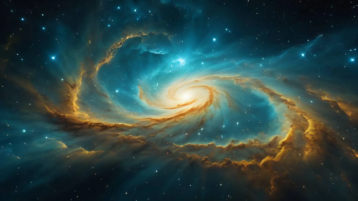 Cosmic nebula with swirling patterns combining bright cyan and mustard yellow clouds in space stars scattered throughout high-quality ultra-realistic cinematic 8K UHD high resolution sharp and detail