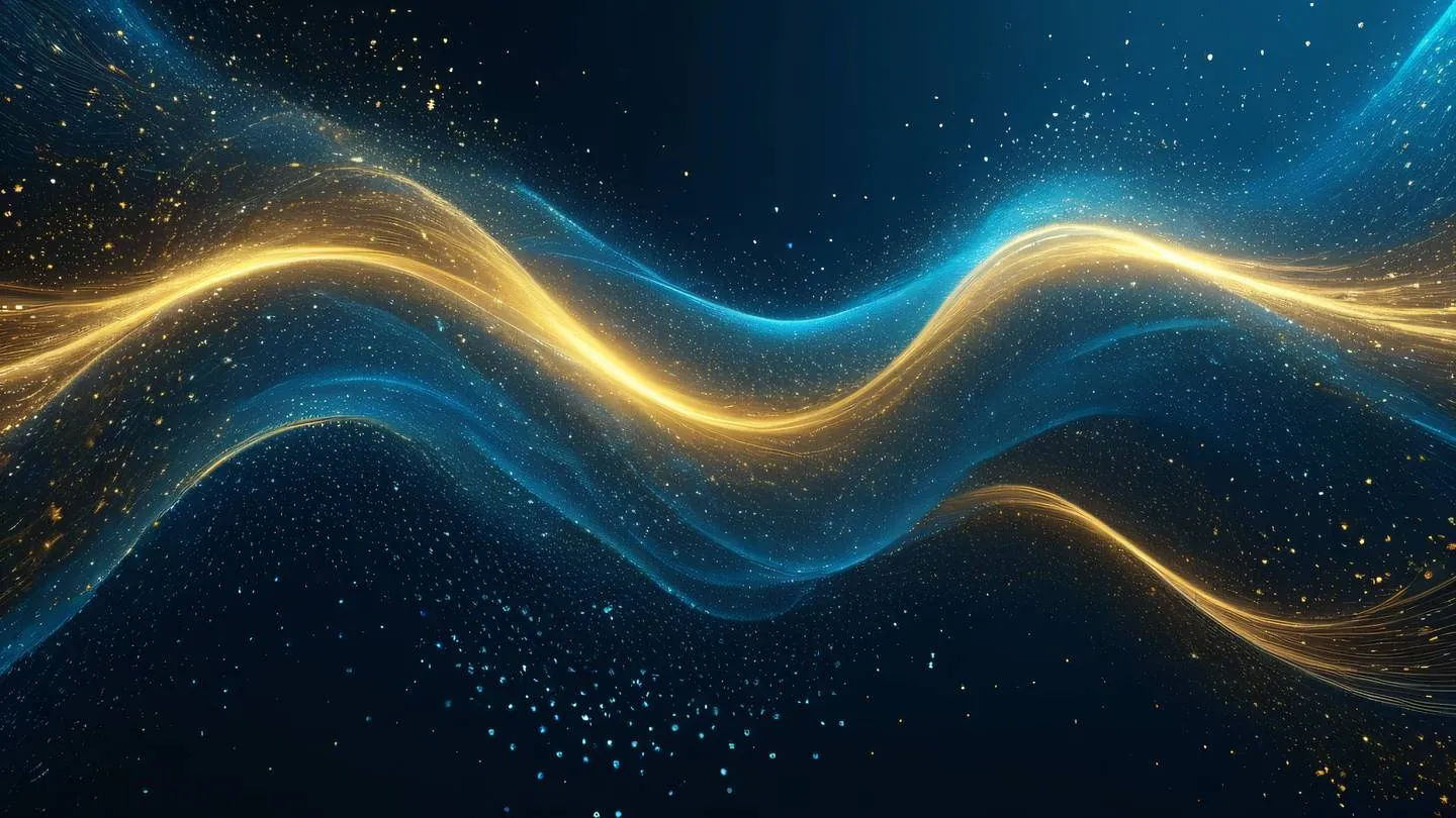 Abstract digital art showcasing flowing streams of bright sky blue and golden particles interweaving in a dynamic pattern against a deep azure background representing data flow and state management high-quality ultra-realistic cinematic 8K UHD high resolution sharp and detail