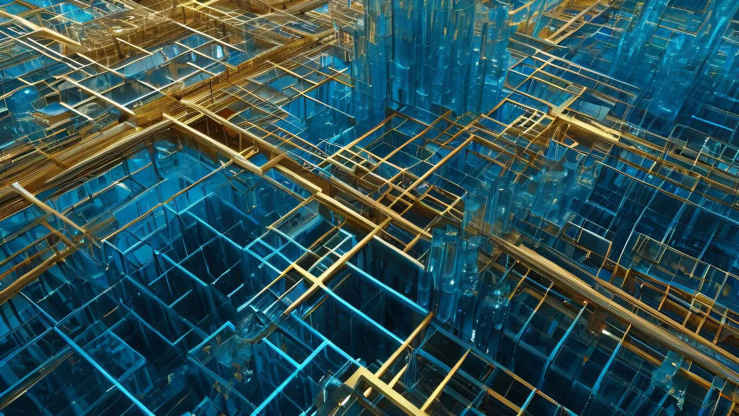 Geometric abstract composition with interconnected crystalline structures in bright azure and gold flowing in a harmonious pattern suggesting organized complexity high-quality ultra-realistic cinematic 8K UHD high resolution sharp and detail