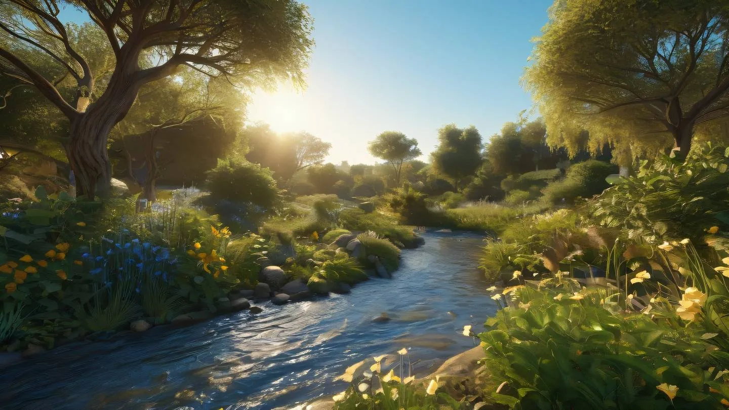 Organic flowing patterns resembling a peaceful garden with streams of bright sky blue and golden light weaving through natural forms high-quality ultra-realistic cinematic 8K UHD high resolution sharp and detail