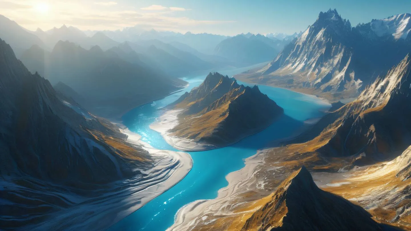 Abstract landscape with flowing rivers of bright azure and gold light cutting through crystalline mountains suggesting harmony and organization in nature high-quality ultra-realistic cinematic 8K UHD high resolution sharp and detail