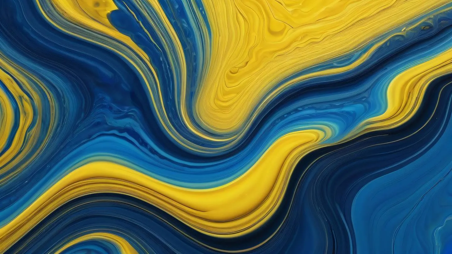 A modern abstract fluid art representation of state management featuring flowing liquid shapes in sunshine yellow and sapphire blue shot from directly above with perfect symmetry high-quality ultra-realistic cinematic 8K UHD high resolution sharp and detail