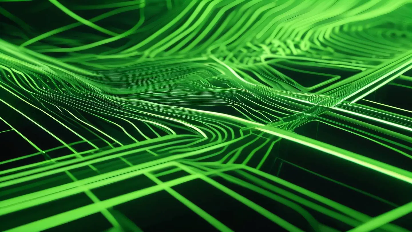 Abstract geometric patterns representing data flow with interconnected flowing lines and shapes in fluorescent green and off-white colors captured from a 45-degree angle high-quality ultra-realistic cinematic 8K UHD high resolution sharp and detail