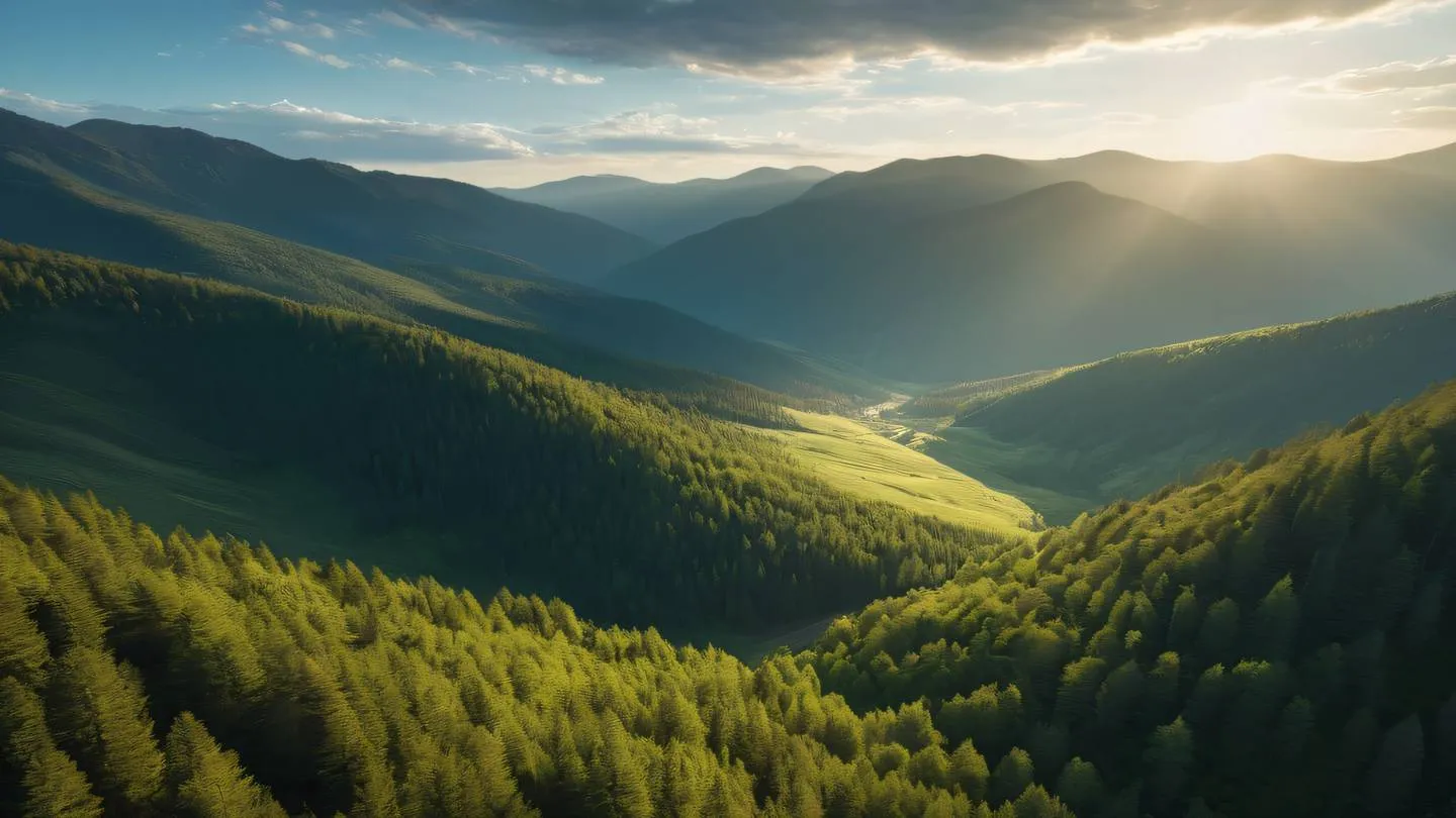 A serene mountain valley with layers of rolling hills featuring sunlit forest green peaks against a clear sky scattered with wispy clouds. Dramatic wide-angle landscape shot from elevated position. Color palette: Forest green golden sunlight and sky blue. high-quality ultra-realistic cinematic 8K UHD high resolution sharp and detail