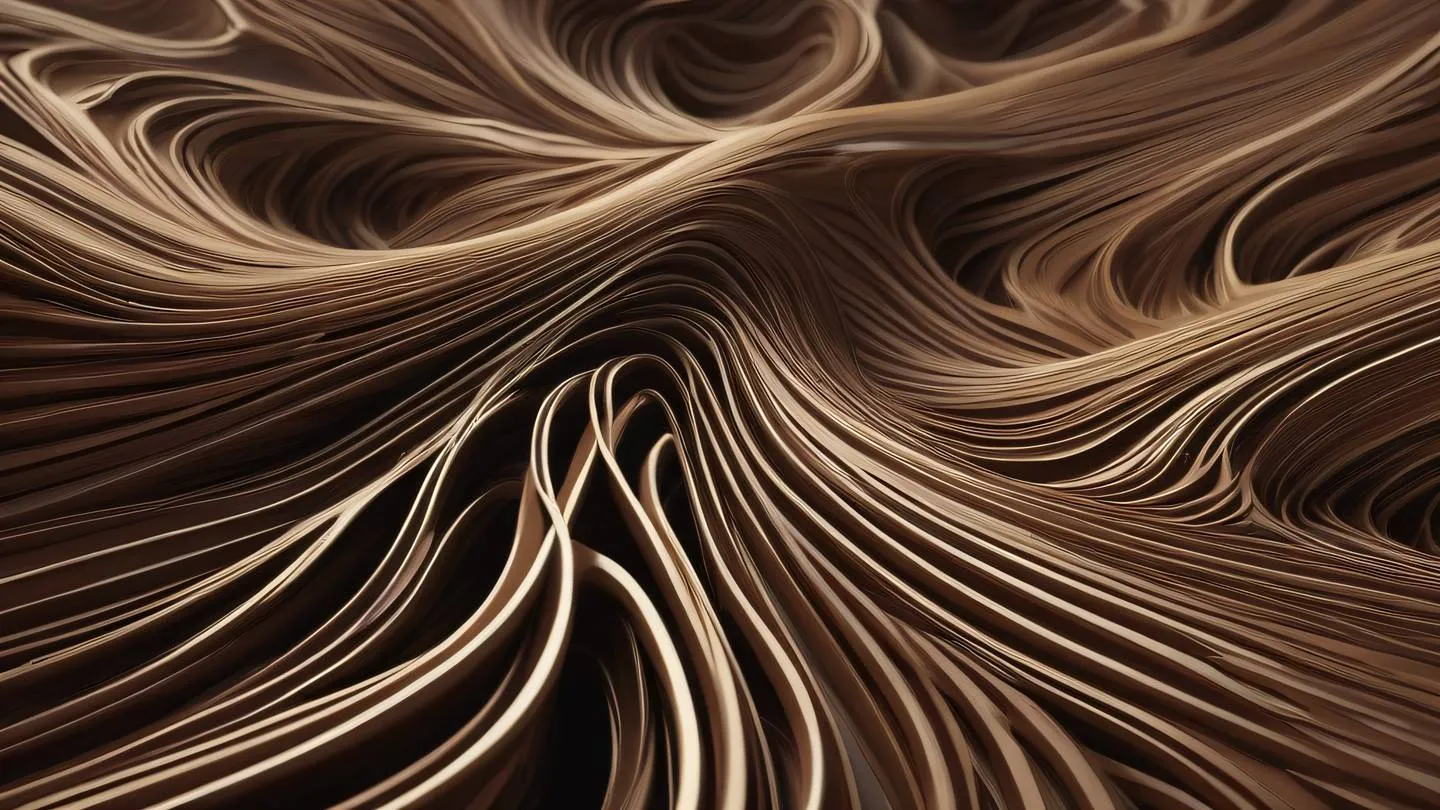 Abstract flowing patterns representing data streams with interconnected nodes and pathways. Aerial view perspective. Color palette: Rich browns and warm cream tones with touches of walnut. Organic fluid movements captured in high contrast. high-quality ultra-realistic cinematic 8K UHD high resolution sharp and detail