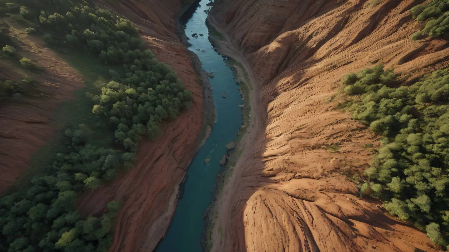 Flowing river winding through a rugged landscape symbolizing the flow of data. Shot from birds-eye view. Color palette: Rustic terracotta and earth tones with touches of forest green. Natural lighting with long shadows. high-quality ultra-realistic cinematic 8K UHD high resolution sharp and detail