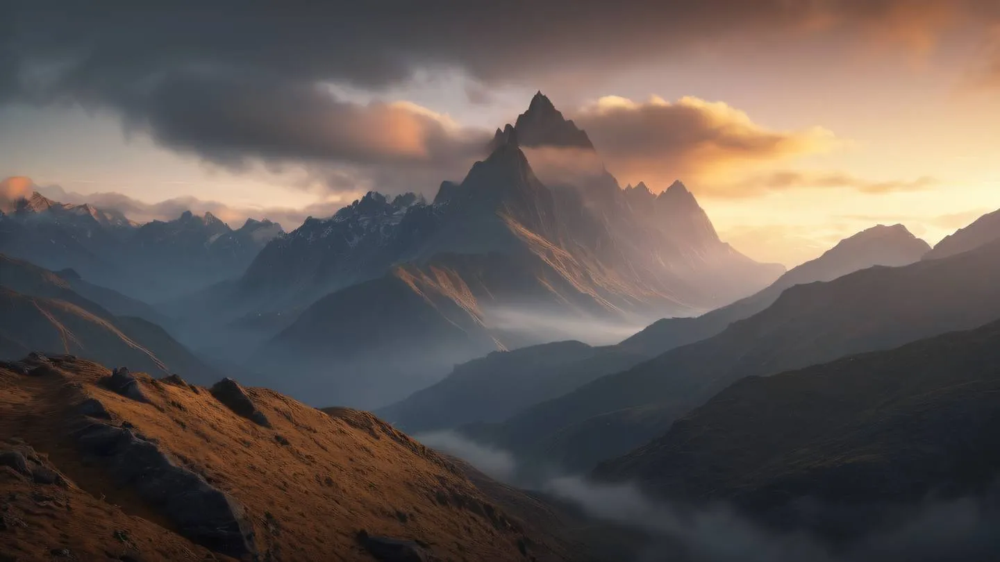 Misty mountain peaks at sunrise with layers of rolling clouds between valleys. Low-angle shot from ground level. Color palette: Deep umber and iron grays with touches of golden light. Dramatic atmospheric lighting. high-quality ultra-realistic cinematic 8K UHD high resolution sharp and detail