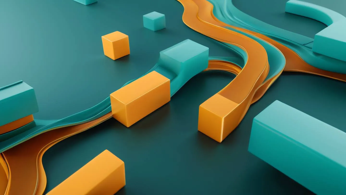 Abstract 3D render of flowing geometric shapes in bright teal and amber colors representing state management and data flow with smooth gradients and dynamic movement ultra-realistic cinematic 8K UHD high resolution sharp and detail