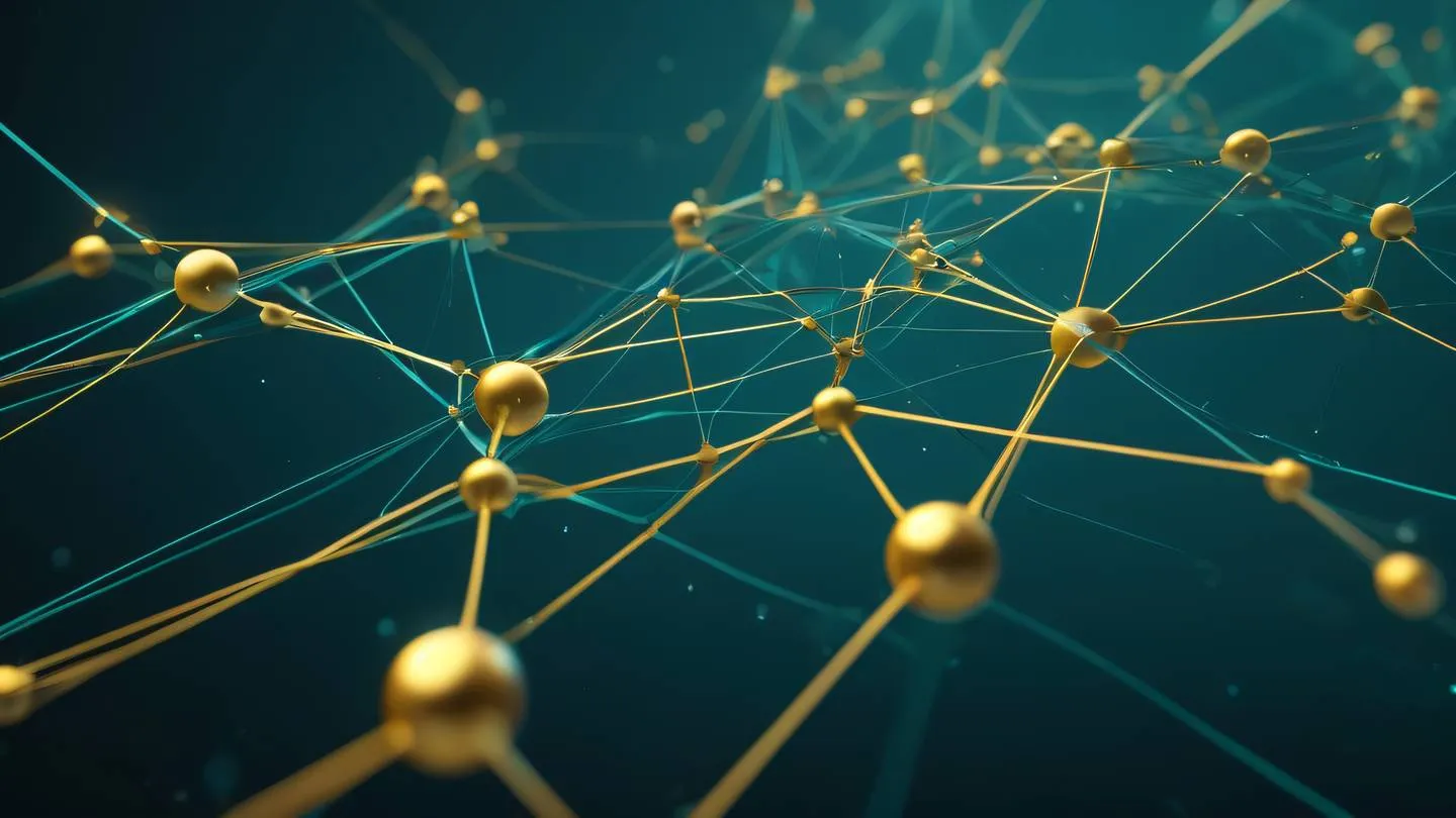 Minimal abstract digital painting of interconnected geometric nodes in bright gold and teal colors flowing through space representing data connections and state management high-quality ultra-realistic cinematic 8K UHD sharp and detail