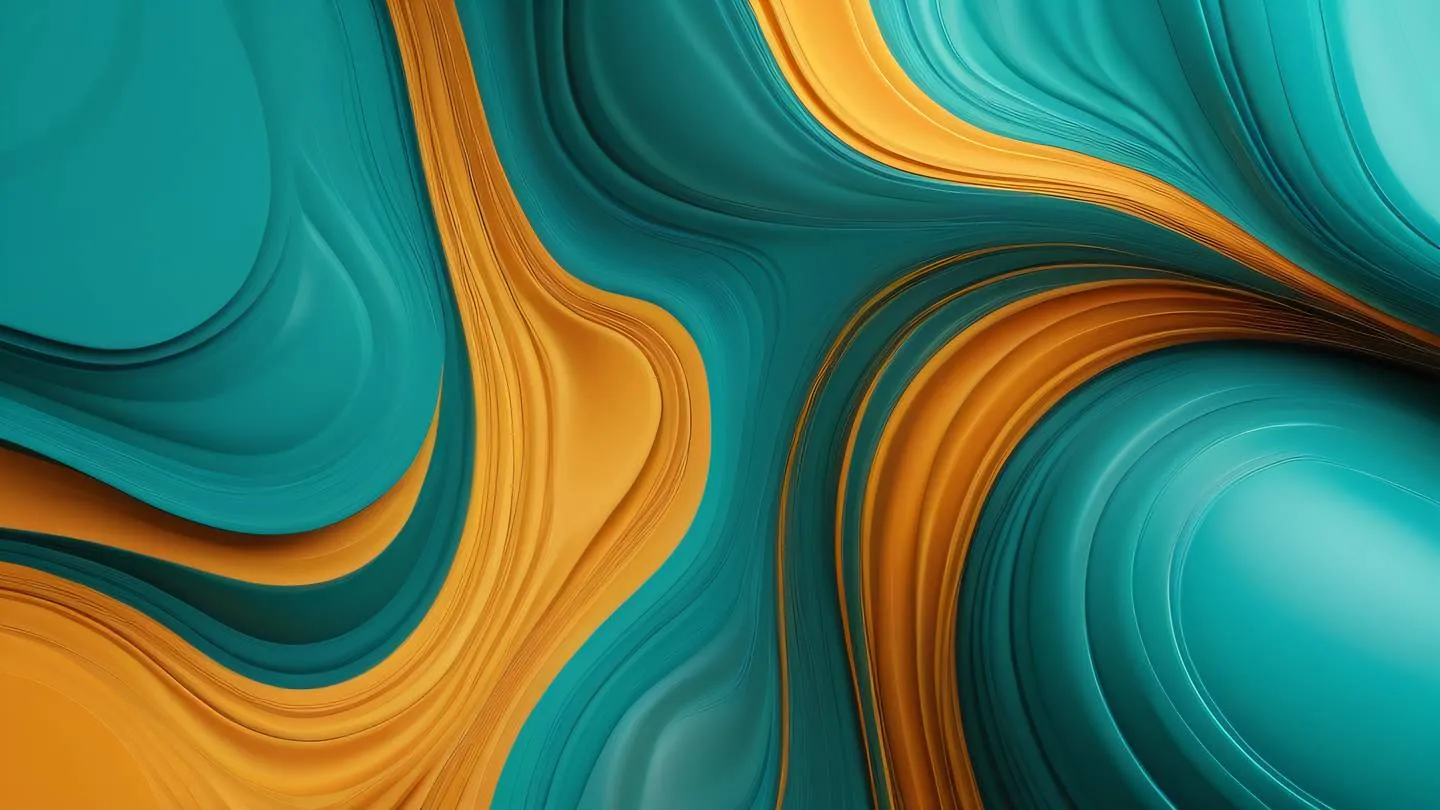 Abstract concept digital painting of organic shapes and patterns in bright teal and amber colors flowing through a minimal landscape representing harmony and organization high-quality ultra-realistic cinematic 8K UHD sharp and detail