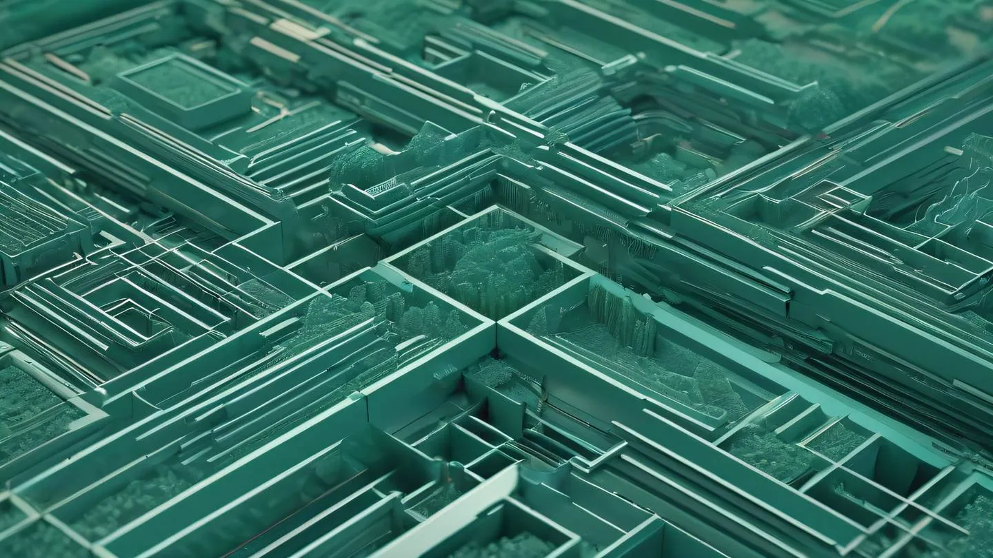 Abstract geometric shapes representing interconnected data flows and state management featuring crystalline formations with sage green and holographic color palette sharp angular patterns suggesting software architecture viewed from top-down perspective high-quality ultra-realistic cinematic 8K UHD high resolution sharp and detail