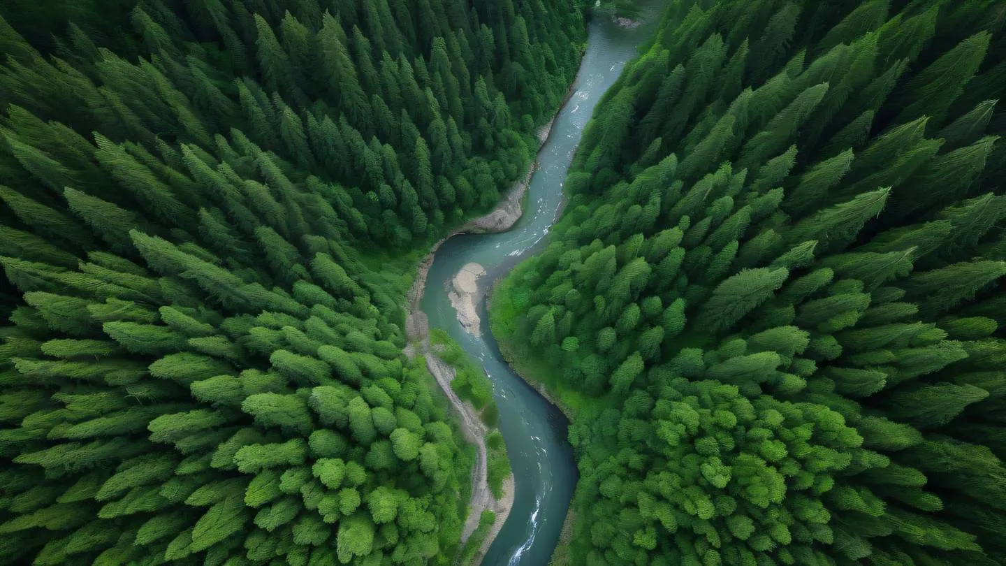 Flowing river dividing into two distinct paths through a lush forest one path straight and structured another more natural and winding captured with bright neon green and off-white tones shot from aerial perspective high-quality ultra-realistic cinematic 8K UHD high resolution sharp and detail