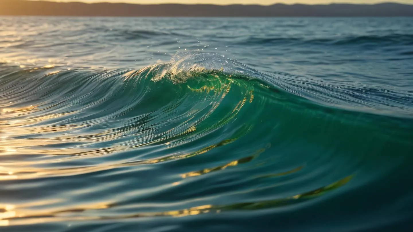 Ocean waves creating natural patterns representing flow of data with holographic and bright neon green colors reflecting on water surface captured from side angle during golden hour high-quality ultra-realistic cinematic 8K UHD high resolution sharp and detail