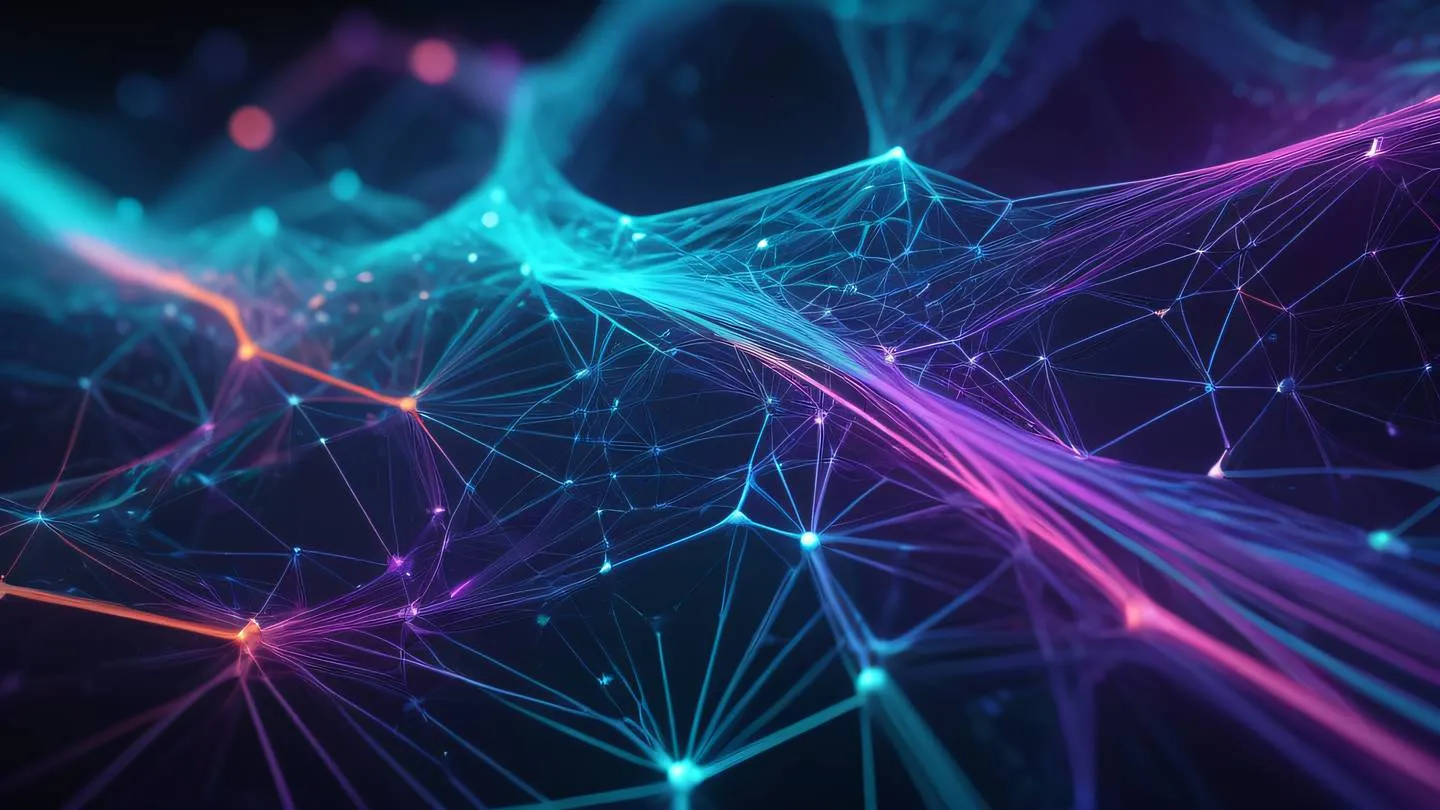 Abstract visualization of interconnected nodes and paths flowing with energy featuring bright iridescent colors with flowing cyan and purple gradients geometric patterns suggesting data flow and reactivity high-quality ultra-realistic cinematic 8K UHD high resolution sharp and detail