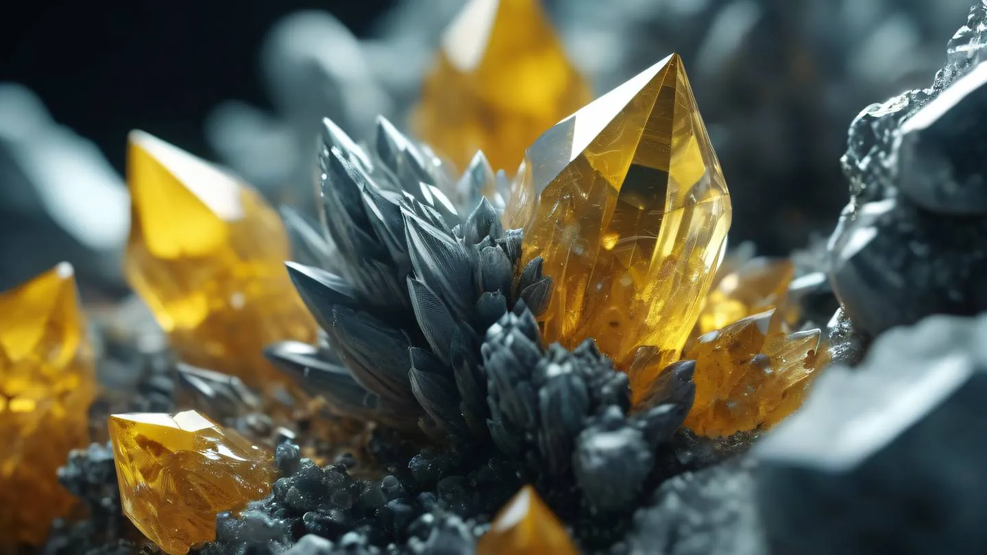 Crystal formations growing and transforming with bright zinc and yellow color palette geometric shapes suggesting growth and change captured in macro photography style high-quality ultra-realistic cinematic 8K UHD high resolution sharp and detail