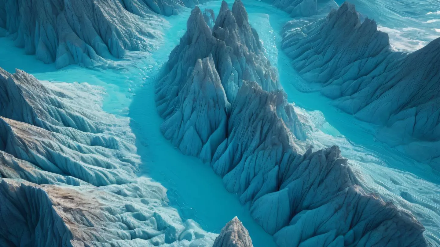 Aerial view of vibrant cool-toned crystalline landscape featuring intricate patterns and formations in bright turquoise and azure colors suggesting organized structure and flow high-quality ultra-realistic cinematic 8K UHD high resolution sharp and detail