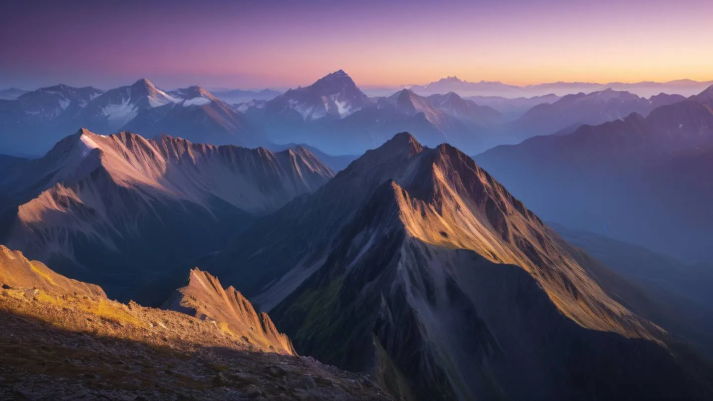 Unsplash style photograph of pristine mountain peaks at sunrise with iridescent sky gradients in yellow and purple hues suggesting heights of achievement and mastery high-quality ultra-realistic cinematic 8K UHD high resolution sharp and detail