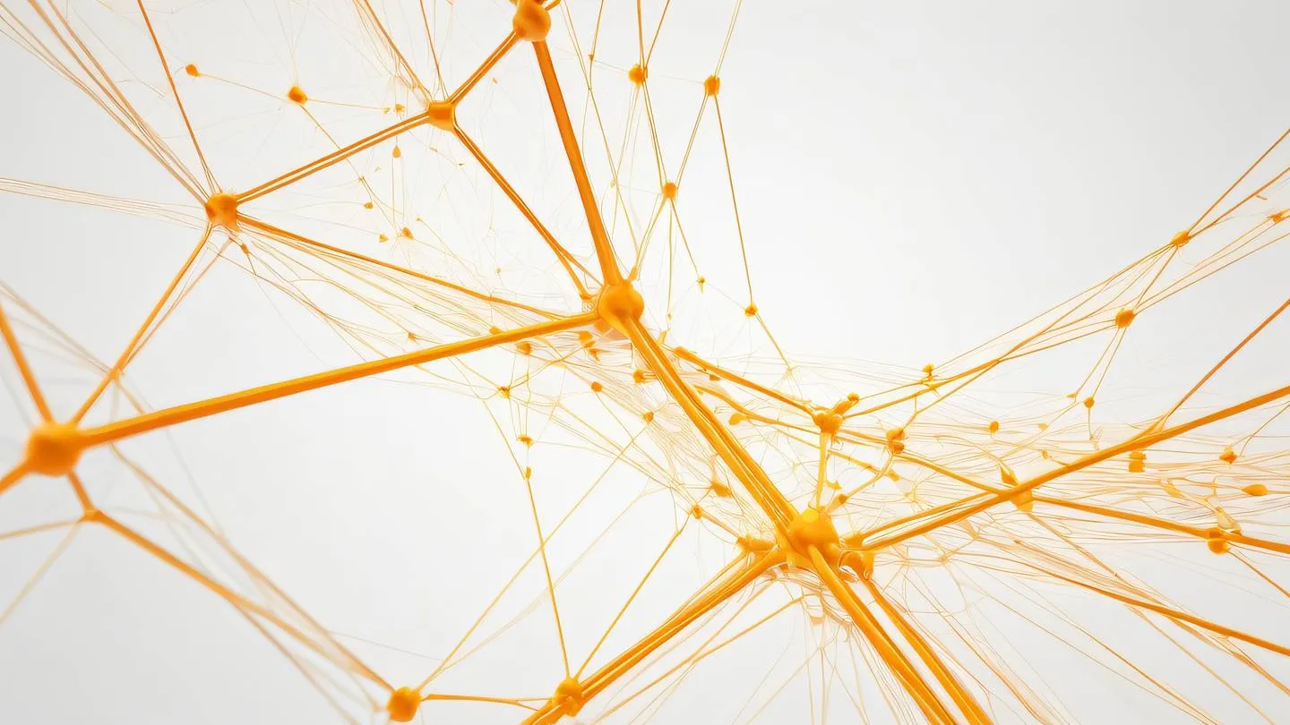 Geometric interconnected nodes pattern with flowing energy streams between points dominant bright orange and yellow accents on white background captured from 45-degree angle high-quality ultra-realistic cinematic 8K UHD high resolution sharp and detail