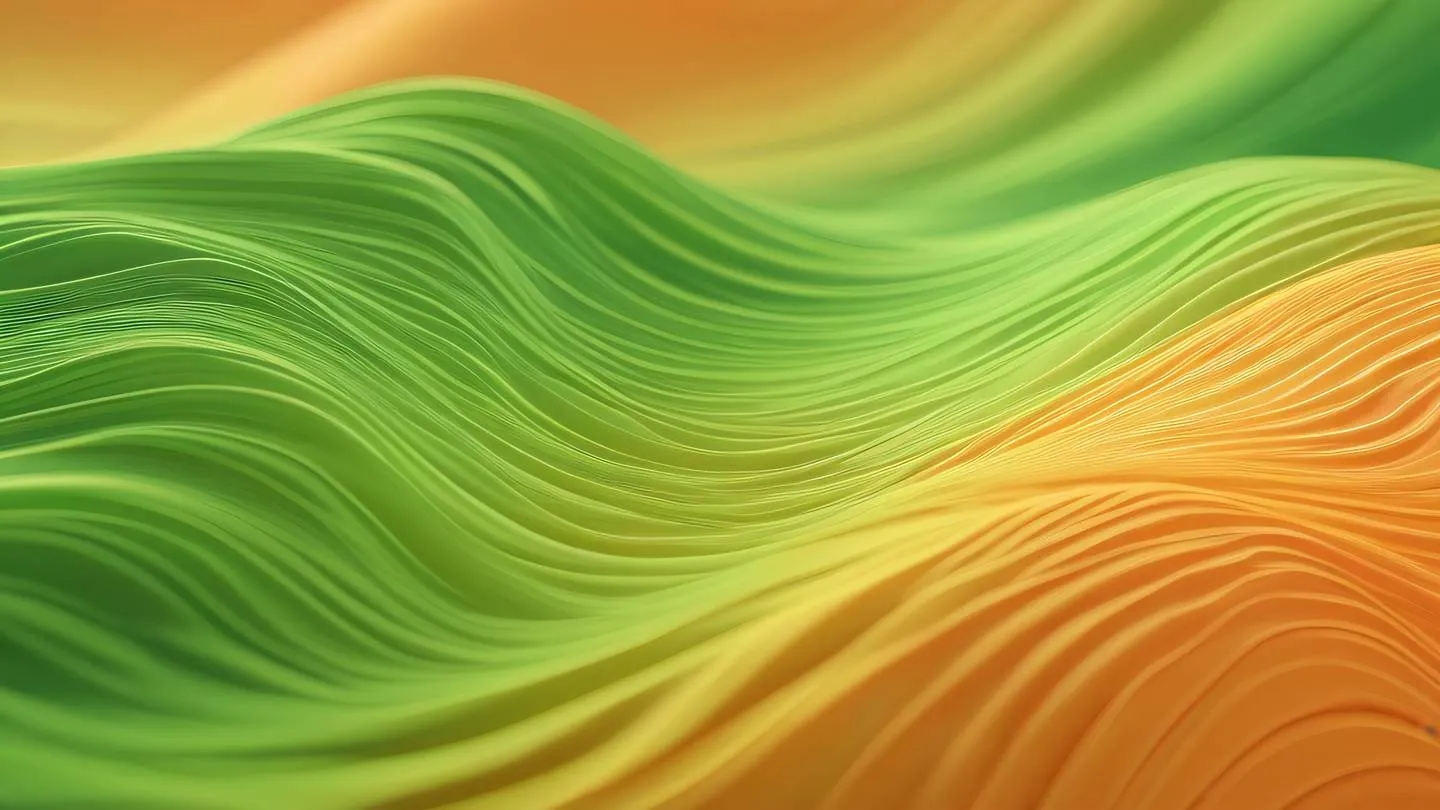 Smooth gradient waves with interweaving streams of bright green and soft orange tones showing natural flow patterns photographed from side angle high-quality ultra-realistic cinematic 8K UHD high resolution sharp and detail