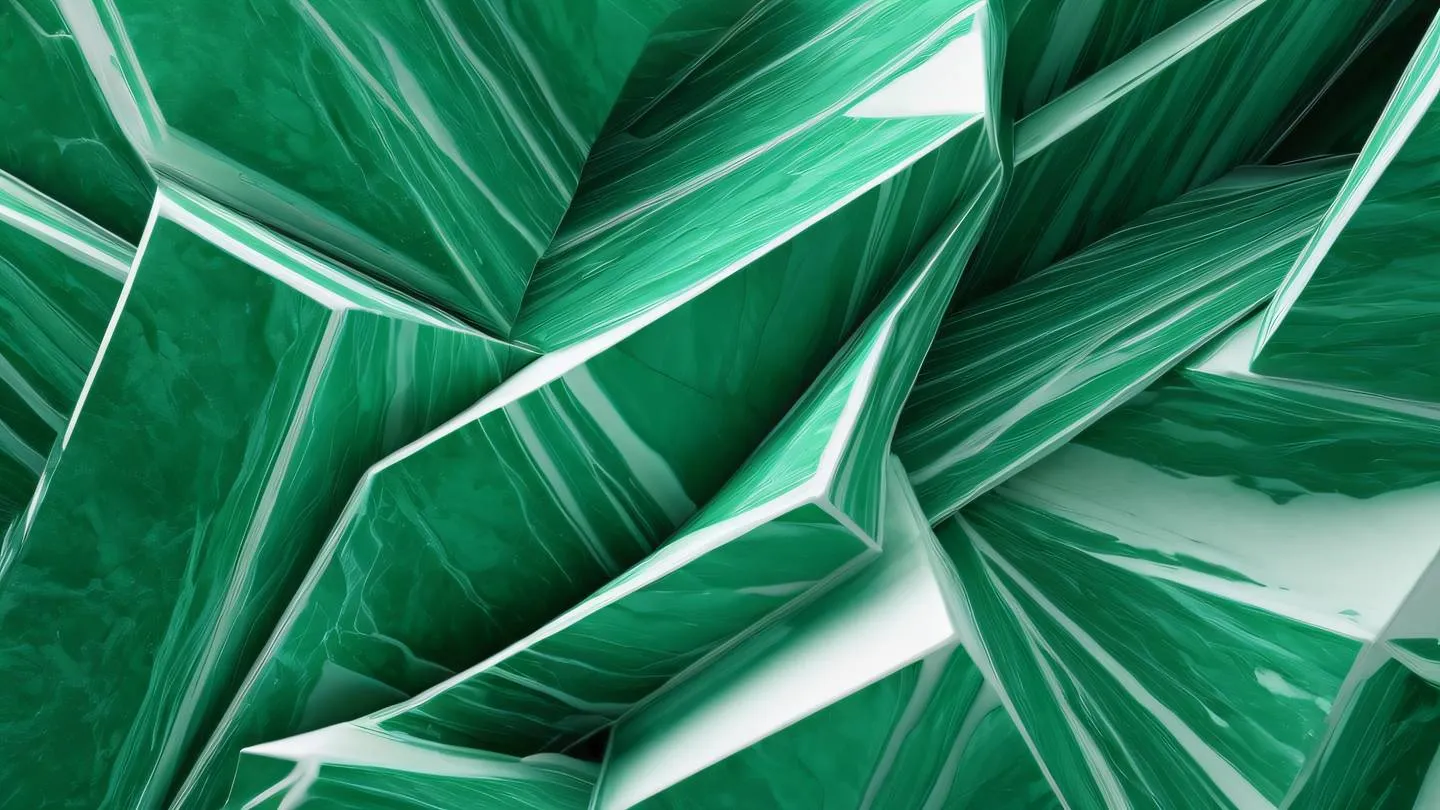 Abstract geometric pattern with flowing lines and sharp angles in emerald green and white crystalline formations catching light overhead view angle high-quality ultra-realistic cinematic 8K UHD high resolution sharp and detail