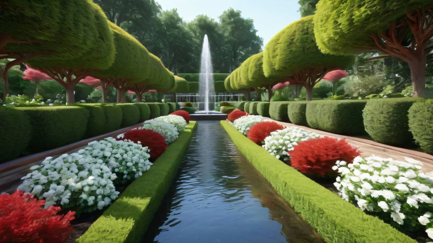 Garden landscape with geometric topiaries and flowing water features vibrant red and white color scheme wide angle shot from ground level high-quality ultra-realistic cinematic 8K UHD high resolution sharp and detail